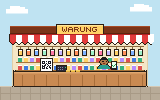 Pixel art: a warung shopfront with a QR soundbox on the counter