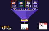Pixel art: four lead sources entering a funnel, and a signed contract coming out
