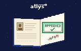 Pixel art: an open passport stamped approved, under a night skyline, with a javelin flying to a gold medal