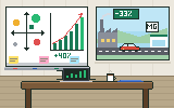Pixel art: a consulting war room with a whiteboard, and a car leaving a factory outside the window
