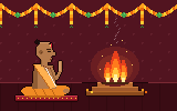 Pixel art: a temple bell, a puja thali with a lit diya, and a kalash