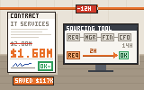 Pixel art: marked-up vendor contracts, a calculator, a server rack and a savings jar