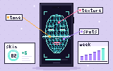 Pixel art: a phone scanning a face built from a triangle mesh