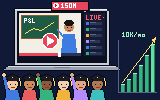 Pixel art: a laptop showing a video lesson, students in graduation caps and a rising chart