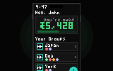 Pixel art: four friends at a cafe table splitting a receipt